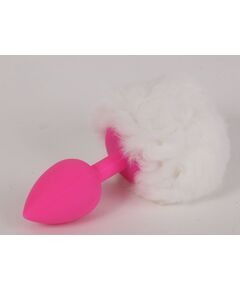 Розовая анальная пробка с белым хвостом "Задорный Кролик", фото 