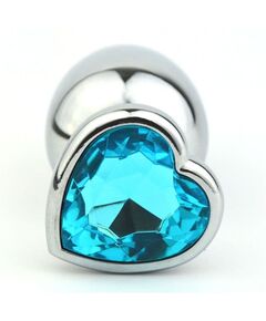 Серебристая анальная пробка с голубым кристаллом-сердечком - 8 см., фото 