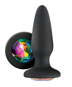 Черная силиконовая анальная пробка с радужным кристаллом Rainbow Gem - 10,4 см., фото 