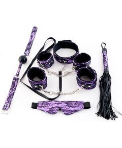 Большой кружевной набор пурпурного цвета: маска, наручники, оковы, ошейник, флоггер, кляп, фото 