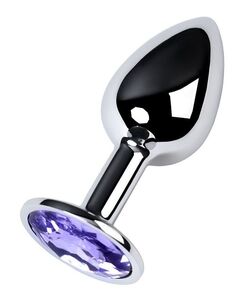 Серебристая конусовидная анальная пробка с фиолетовым кристаллом - 7 см., фото 