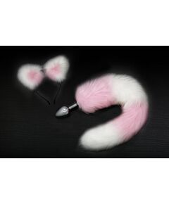 Серебристая анальная пробка с розово-белым хвостиком и ободком-ушками, фото 