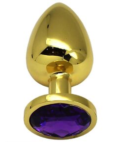 Золотистая анальная пробка с фиолетовым кристаллом - 9 см., фото 
