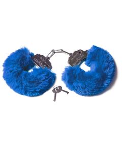 Шикарные синие меховые наручники с ключиками, фото 