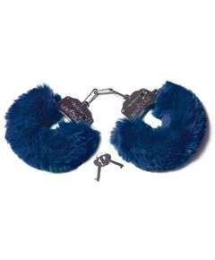 Шикарные темно-синие меховые наручники с ключиками, фото 