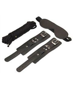 БДСМ-набор в черном цвете: закрытая маска, наручники, веревка для связывания, фото 