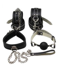 Пикантный БДСМ-набор на мягкой подкладке: наручники, поножи, ошейник с поводком, кляп, фото 