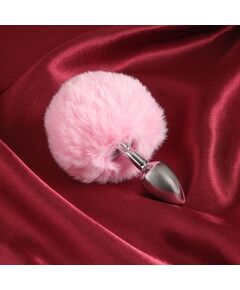 Серебристая анальная втулка с розовым хвостиком, фото 