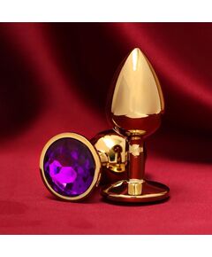 Золотистая анальная пробка с фиолетовым кристаллом, фото 