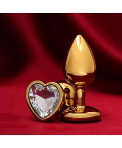 Золотистая анальная пробка с прозрачным кристаллом в форме сердца, фото 