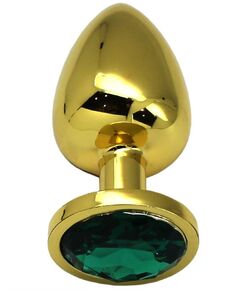 Золотистая анальная втулка с изумрудным кристаллом - 9,5 см., фото 