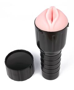Телесный мастурбатор-вагина в пластиковой черной колбе, фото 