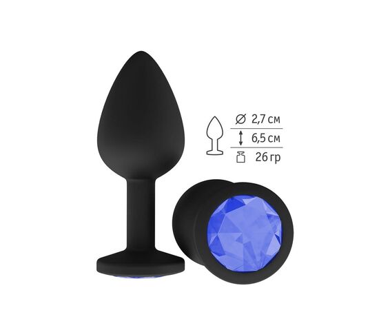 Чёрная анальная втулка с синим кристаллом - 7,3 см., фото 