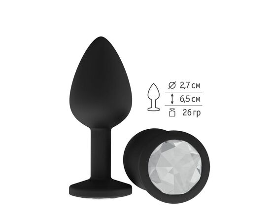 Чёрная анальная втулка с прозрачным кристаллом - 7,3 см., фото 