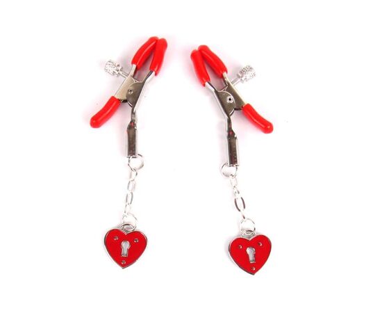 Красные металлические зажимы на соски с декором в виде сердечек на цепочке, фото 