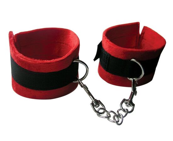 Красно-черные наручники из текстиля с цепочкой на карабине, фото 