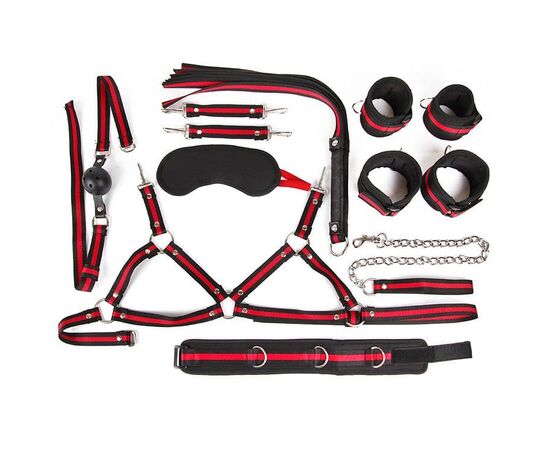 Черно-красный набор БДСМ: наручники, оковы, ошейник с поводком, кляп, маска, плеть, лиф, Цвет: черный с красным, фото 