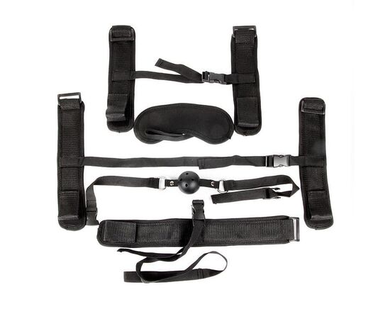 Пикантный черный текстильный набор БДСМ: наручники, оковы, ошейник с поводком, кляп, маска, Цвет: черный, фото 