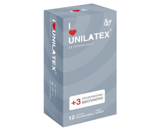 Презервативы с рёбрами Unilatex Ribbed - 12 шт. + 3 шт. в подарок, фото 