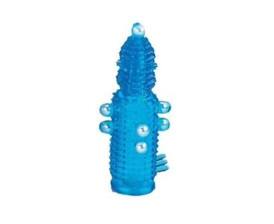 Голубая эластичная насадка на пенис с жемчужинами, точками и шипами Pearl Stimulator - 11,5 см., фото 