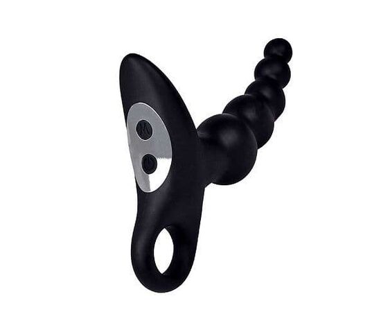 Черный силиконовый анальный вибромассажер-ёлочка с колечком-ограничителем, фото 