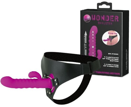 Фиолетовый страпон с пульсацией Wonder Thruster - 20 см., фото 