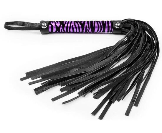 Черная многохвостовая плеть с круглой фиолетовой ручкой-зеброй - 39 см., фото 