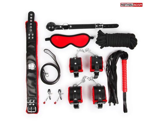 Стильный черно-красный набор БДСМ: маска, кляп, зажимы, плётка, ошейник, наручники, оковы, верёвка, фото 