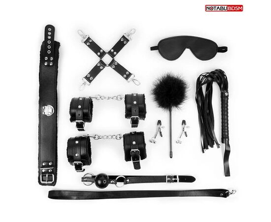 Большой набор БДСМ: маска, кляп, плётка, ошейник, наручники, оковы, верёвка, Цвет: черный, фото 