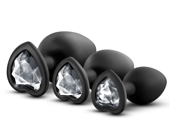 Набор из 3 черных пробок с прозрачным кристаллом-сердечком Bling Plugs Training Kit, фото 