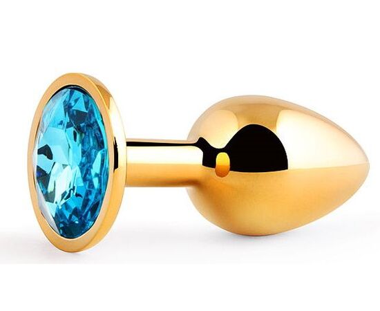 Золотистая анальная пробка с голубым стразом - 7,2 см., фото 