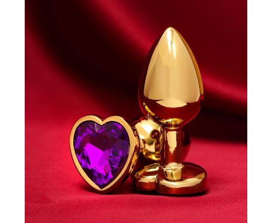 Золотистая анальная пробка с фиолетовым кристаллом в форме сердца, фото 