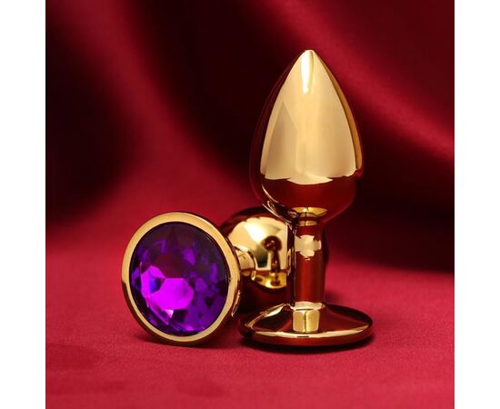 Золотистая анальная пробка с фиолетовым кристаллом, фото 