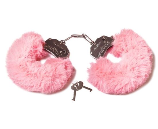 Розовые наручники с пушистым мехом и ключиками, фото 