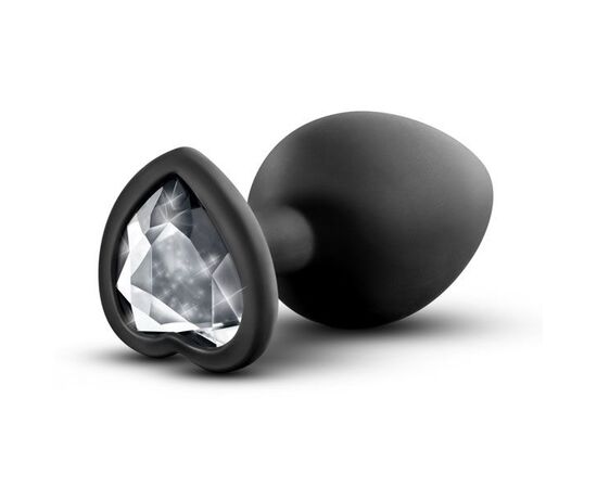 Черная анальная втулка с прозрачным кристаллом в виде сердечка Bling Plug Small - 7,6 см., фото 