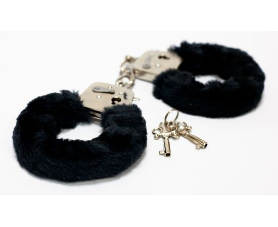 Меховые черные наручники с ключами, фото 