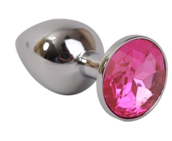 Серебряная металлическая анальная пробка с розовым стразиком - 7,6 см., фото 