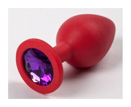 Красная силиконовая анальная пробка с фиолетовым стразом - 8,2 см., фото 