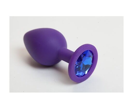 Фиолетовая силиконовая анальная пробка с голубым стразом - 8,2 см., фото 