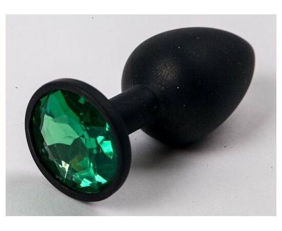 Черная силиконовая анальная пробка с зеленым стразом - 7,1 см., фото 