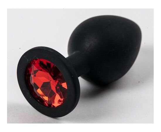 Черная силиконовая анальная пробка с красным стразом - 8,2 см., фото 