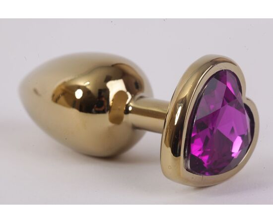Золотистая анальная пробка с фиолетовым стразиком-сердечком - 7,5 см., фото 