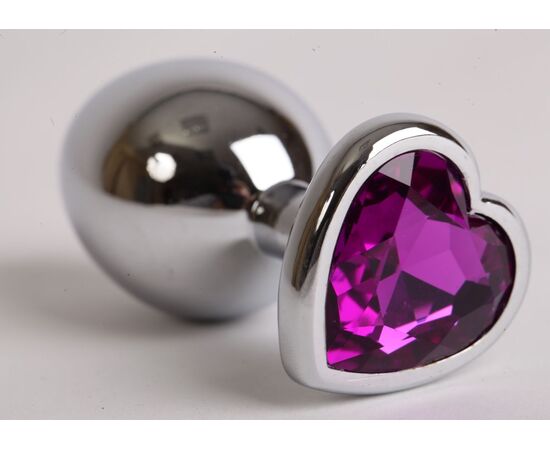 Серебристая анальная пробка с фиолетовым стразиком-сердечком - 8 см., фото 