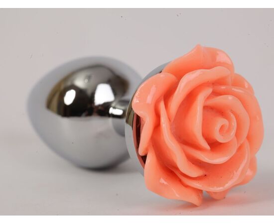 Серебристая анальная пробка с оранжевой розой - 7,6 см., фото 