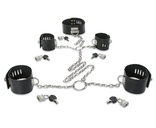 Набор для фиксации: наручники, оковы и ошейник, соединённые цепями и кольцами, фото 