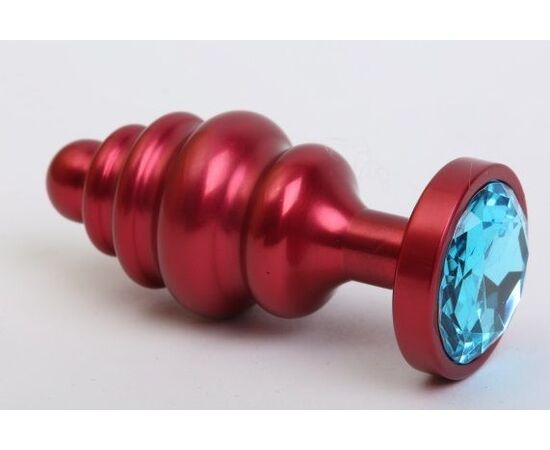 Красная ребристая анальная пробка с голубым стразом - 7,3 см., фото 