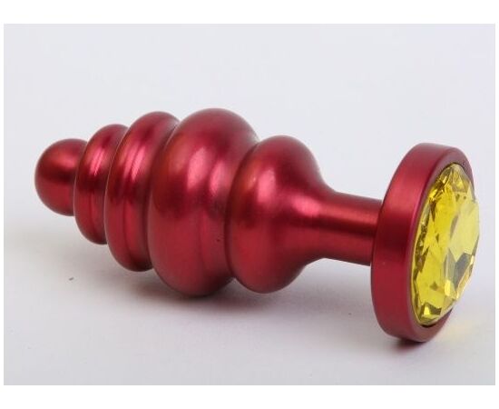 Красная ребристая анальная пробка с жёлтым стразом - 7,3 см., фото 