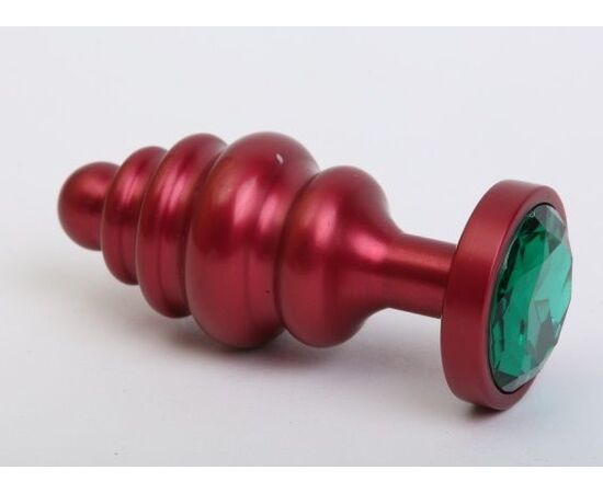 Красная ребристая анальная пробка с зеленым стразом - 7,3 см., фото 