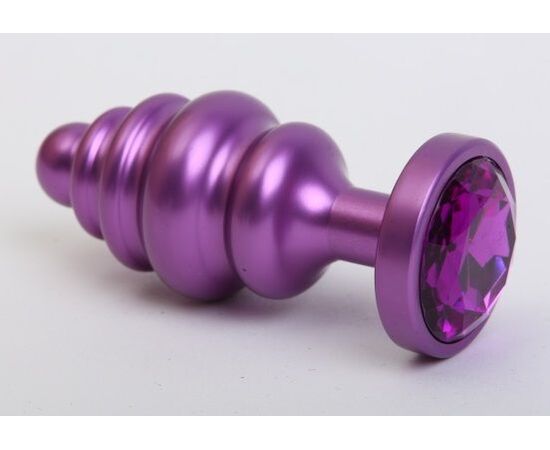 Фиолетовая ребристая анальная пробка с фиолетовым кристаллом - 7,3 см., фото 