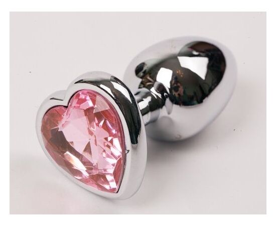 Серебристая анальная пробка с розовым стразиком-сердечком - 9 см., фото 